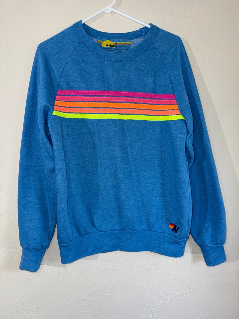 Aviator Nation Blue Neon Stripe Crewneck Sweatshirt Size S